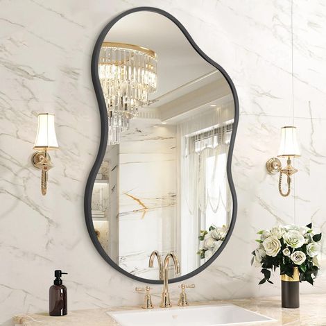 Miroir mural asymétrique avec cadre en métal noir - Miroir décoratif irrégulier de salle de bain - 40 x 65 cm - Miroirs asymétriques - Anti-rouille - Verre trempé (1/5)