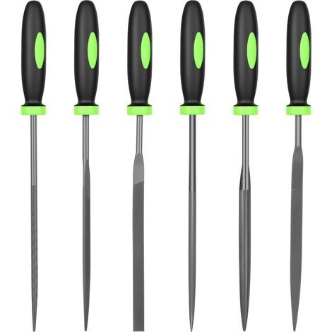 Lot de 6 limes métalliques pour limes aiguilles en acier, limes à bois, limes en métal, outils comprenant des petites limes rondes, demi-rondes, carrées, triangulaires, plates et pointues (1/4)