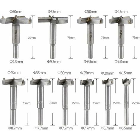 HSS carbide wood router bits, set of 10 (15 to 60 mm), for drills or routers, ideal for carpentry and woodworking