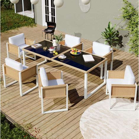 Set da pranzo da giardino in rattan PE marrone e bianco, tavolo con vetro temperato e 6 sedie con cuscini sfoderabili (1/5)