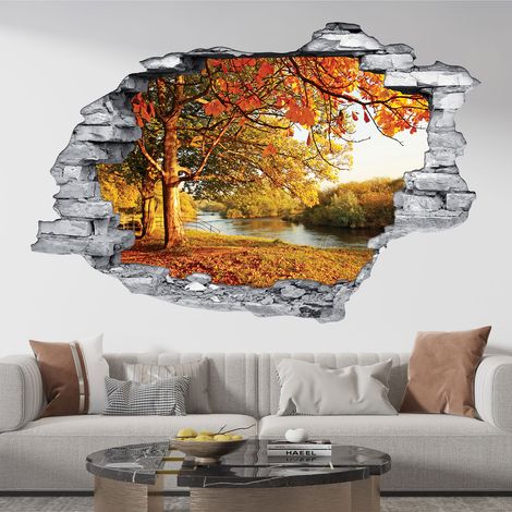 Stickers Trompe l'oeil trou dans le mur - Rivière Forêt - 30 x 45 cm - Pierres grises (1/5)