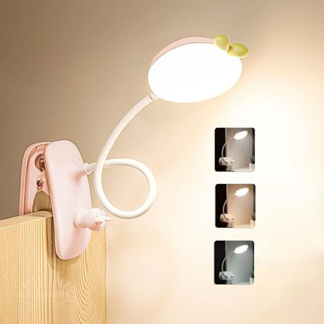 Lampe à pince pour enfants, lampe de lecture LED rechargeable à intensité variable, lampe de nuit tactile flexible à 360°, 2400 mAh, lampe de bureau USB sans fil pour lit, bureau ou table, rose