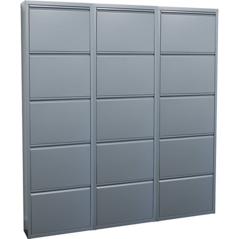 Pisa Schuhschrank mit 15 Klappen/Türen in Metall grau. Fertig montiert geliefert.
