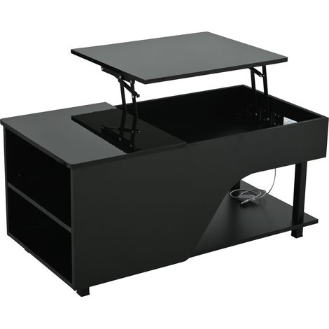 Table basse de salon réglable en hauteur 50 x 100 x 46 cm, table d’appoint avec rangement dissimulé, table basse ajourée, table basse LED brillante, table à thé avec rangement latéral, noire (1/5)