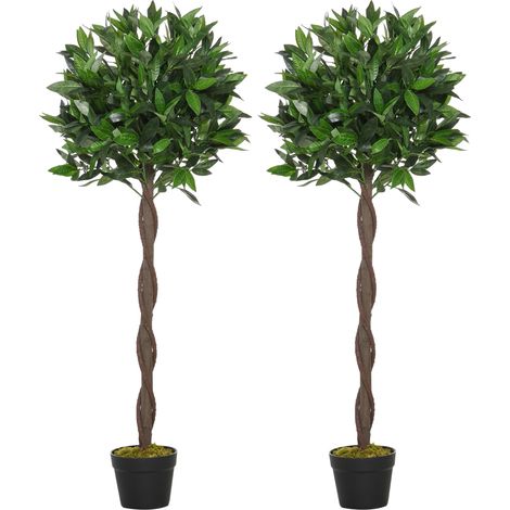 Lauriers artificiels topiaires Lot de 2 Boules - 741 feuilles réalistes, tronc liane, pot noir inclus, 1.20m