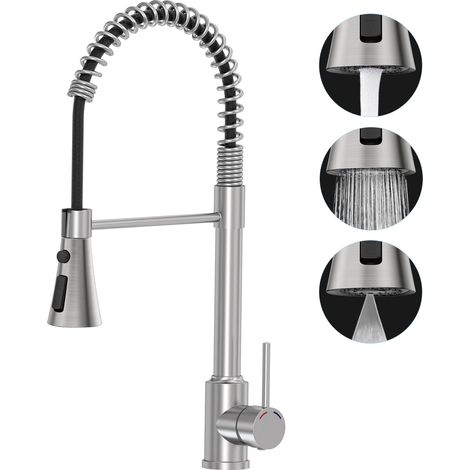 Mitigeur de Cuisine avec Douchette – Robinet Évier en Acier Inoxydable 304, Douchette Extractible 3 Jets, Haute Pression, Mitigeur Monocommande Finition Nickel Brossé (1/5)