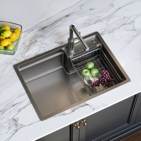 HOROW 60x44 cm Gris Évier de Cuisine 1 Bac Acier inoxydable 304 - Évier à une cuve avec siphon et panier de vidange