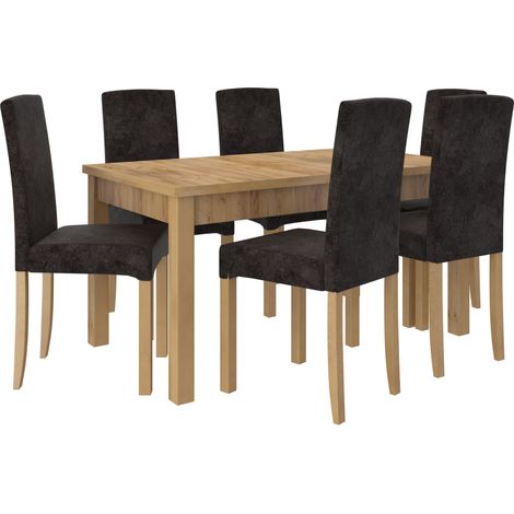 Ensemble table extensible 140-180cm et 6 chaises en bois clair de hêtre et tissu gris foncé Zakria (1/5)