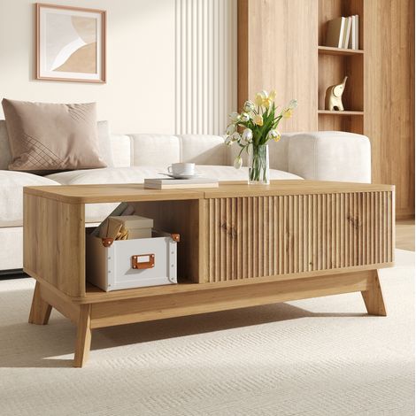 Mesa de centro elevable 95 x 48 x 50 cm de MDF natural con almacenaje para salón FloraGrace (1/5)