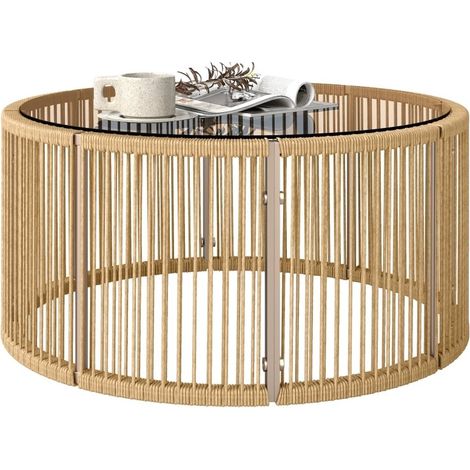 Table d'appoint et table de jardin en polyrattan marron, cadre acier, plateau en verre trempé, dimensions 70 x 70 x 33 cm