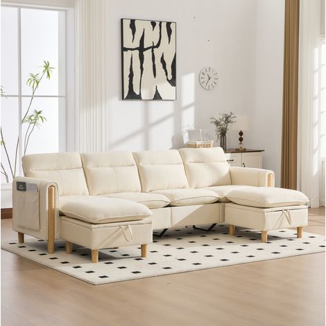 Großes U-förmiges Sofa-Set mit zwei Hockern mit Stauraum modulares Vier-Sitzer-Sofa mit Tischbeinen aus Holz bequemes Stoffsofa, ideal für das Wohnzimmer und den Familienbereich (Beiger Chenille) (1/5)