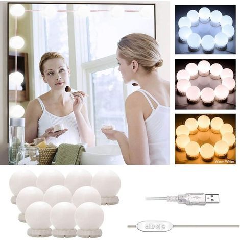 Lumière de Miroir, Hollywood Kit de Lumière LED, 10 Ampoules Lampes de Maquillage Guirlande, USB Coiffeuse Lampe de Cosmétique avec 10 Marches Luminosité & 3 Modes (Miroir Non Inclus & Adaptateur) (1/5)