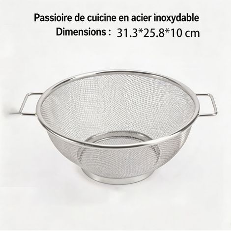 Panier égouttoir en métal inox à deux poignées, corbeille de lavage pour légumes, fruits et salade, dimensions 31,3 x 25,8 x 10 cm - Argenté (1/5)