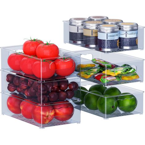 Lot de 6 organiseurs de réfrigérateur (3 tailles) - Organisateurs de cuisine pour garde-manger, congélateur, armoire, tiroir, bureau - Sans BPA - Bleu gris (1/5)