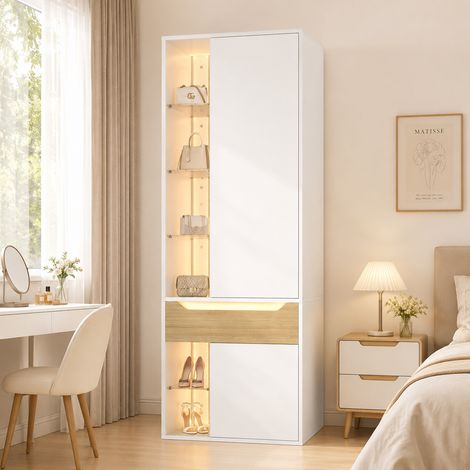 Armoire dressing 75x50x200 cm avec vitrine LED, penderie, 1 tiroir, 6 niches ouvertes, étagères en verre, MDF blanc et effet bois naturel (1/5)