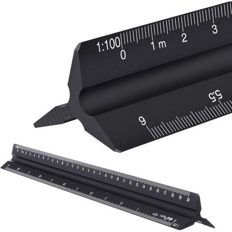 Righello triangolare con graduazioni metriche in metallo nero per architetti e ingegneri, matrice da 30 cm (confezione protettiva)
