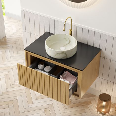 Meuble de salle de bain avec vasque 76 cm mural, plateau en pierre noire DESVIAE (1/5)
