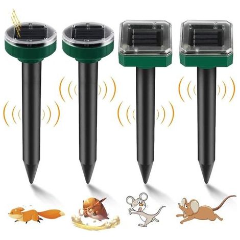 pair Detaupeur Solaire 4pcs Anti Taupe Ultrason Repulsif Serpent Chasse Taupes Eliminer Prise Ultrason Souris Anti-Taupes Campagnols Nuisibles Etanche pour Jardin Pelouse en Plein Air