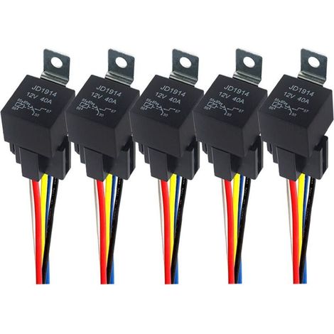 5 Pièces 5 Broches Voiture Relais, 12V 40A SPDT Relais Automobile avec Prise de Faisceau et 14/16 AWG Pré-Câblé, pour Voiture Camion Bateau (Noir)