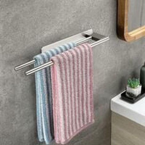 Porte-serviettes mural adhésif double bras en acier inoxydable argenté pour salle de bain et cuisine (1/3)