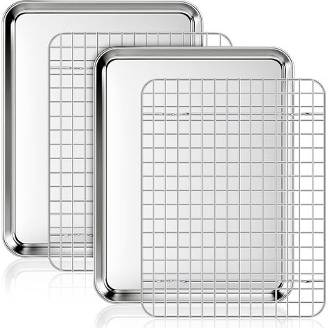 Plaque à pâtisserie avec grille de refroidissement, 2 plaques inox + 2 grilles pour four, plaque rectangulaire 31,5 x 24,5 x 2,5 cm pour cuisiner et servir (1/5)