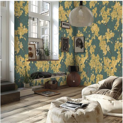 Photo wallpaper wall Profhome 790152 hot embossed non-woven wallpaper slightly textured with floral pattern matt blue teal yellow grey 1,59 m x 2,8 m (1/5)