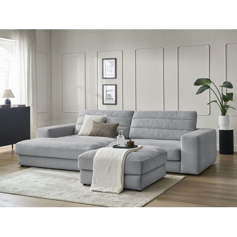 BOBOCHIC - Canapé d'angle fixe SIERRA velours avec pouf Angle gauche Gris clair (1/5)