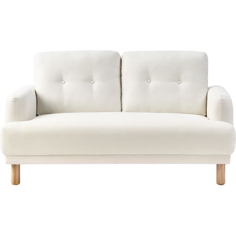 Sofá 2 plazas patas de madera poliéster asiento grueso retro tapizado tela blanco crema Tuve