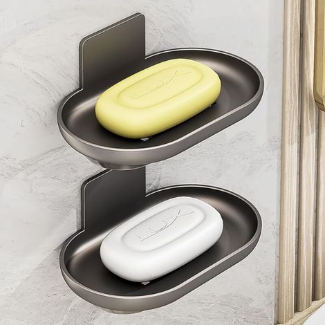 Double soap dish for shower, wall-mounted, with drainer, made of aluminum, steel grey (1/5)
