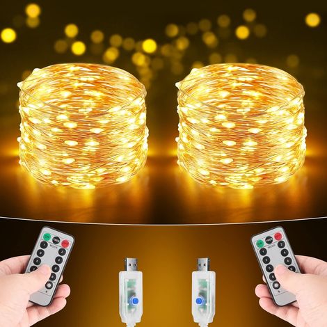 Guirlande Lumineuse USB (Lot de 2), 10M 100 LED Fil de Cuivre avec Télécommande Étanche Interieur et Extérieur Décoration pour Chambre Noël Jardin Mariage Fête, Blanc Chaud (1/5)