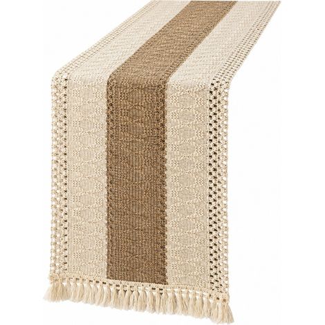 Chemin de table rétro japonais en coton et lin, nappe à rayures pour table basse, Noël, largeur 30 cm (la largeur dépend de la couleur) x longueur 210 cm (la taille comprend les pompons) - Largeur d'u (1/5)