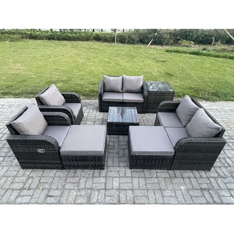 Fimous Gartenmöbel Set Rattan Lounge Sofa Stuhl im Freien mit ausgeglichenem Glastisch 2 Großer Fußhocker Beistelltisch Dunkelgrau Gemischt (1/5)