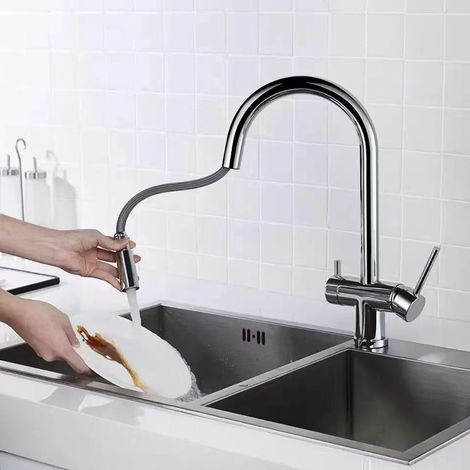 Russian Hot Selling All-Copper Pull-Out Kitchen Faucet, Hot and Cold Water Sink/Vegetable Washing Basin 3-in-1 Dual Control Water Purifier Faucet - Copper Body Electroplated Large Curve Pull-Out Water