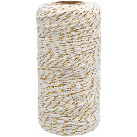 Ficelle de Coton Noël, Baker's Twine Corde Blanc avec fil doré, 2mm100M, pour l'emballage cadeau, Décoration, Loisirs Créatifs, Ensoleillé (1/5)