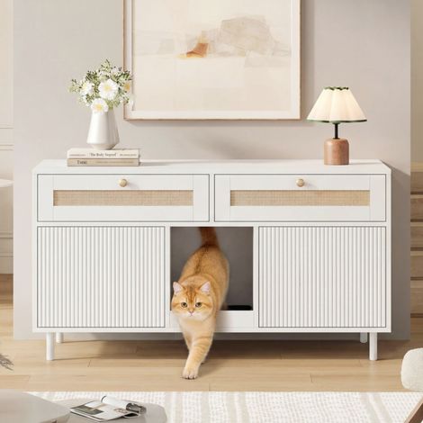 Armario para arenero de gato con alfombrilla atrapaarena, blanco 120 x 50 x 65 cm HAVRYA (1/5)