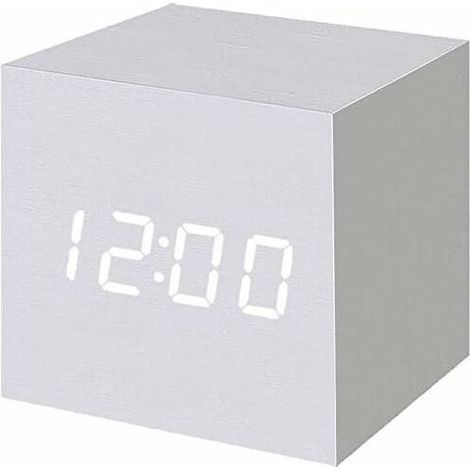 Réveil numérique à LED en Bois, Horloge Cubique Numérique avec Affichage Date et Température, Prise USB / Batterie (Blanc) (1/5)