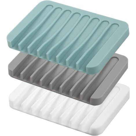 3Pcs Self-Draining Soap Dish, Silicone Soap Dish for Shower, Bathroom, Kitchen Sink, Keeps Soap Dry, 10cm, (White, Gray, Blue) (1/5)