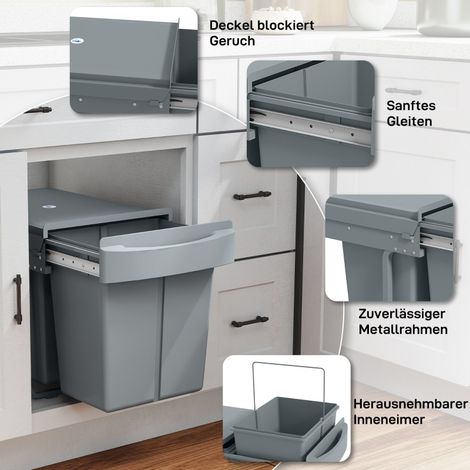Poubelle coulissante 2 x 20 L, bacs amovibles, plastique et métal, gris, compact pour cuisine. (1/5)