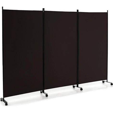 Paravent 3 panneaux pliable marron en polyester avec roues verrouillables et cadre métallique pour chambre bureau et salon (1/5)