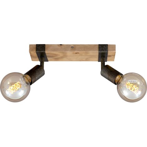 Spot, plafonnier rétro vintage, spots orientables et pivotants, 2x E27, métal-bois, couleur : Noir et marron, 28x10x9cm (Lxlxh) (1/5)