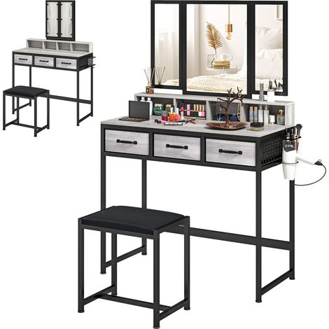 HOMCOM tocador de maquillaje con espejo tríptico desmontable, taburete, 3 cajones de tela, soporte para secador de pelo, cesta metálica, gris