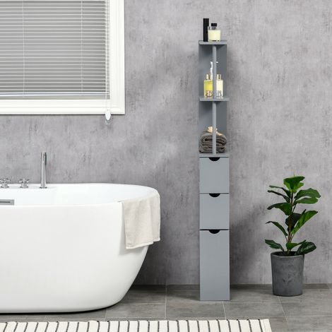 Mobile Colonna Bagno con Ripiani Aperti e Cassetti, in Legno, 15x33x136.8 cm, Grigio