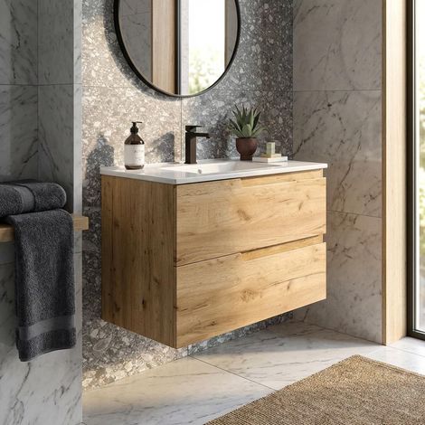 Mobile Bagno Sospeso 80 cm con 2 Cassetti e Lavabo Incluso Rovere Africa – Gena