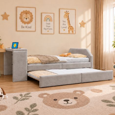 Lit mezzanine / lit superposé enfant, chambre enfant, rangement intégré, sécurité, velours, port USB, bureau intégré, gris, lit enfant pratique, gain de place chambre (1/5)