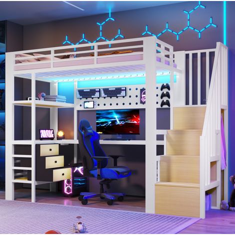 Cama alta con escritorio y zona de carga LED blanca OKMYHOME (1/5)
