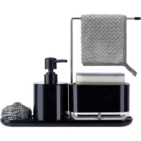 5-in-1-Flüssigkeitsspender, Küchenseifen-Set, schwarzer Geschirrablage-Organizer für die Spüle