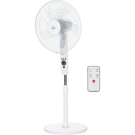 Ventilateur sur pied avec télécommande, hauteur réglable, 3 vitesses, métal, blanc, Ø 44,5 x H 110-124 cm