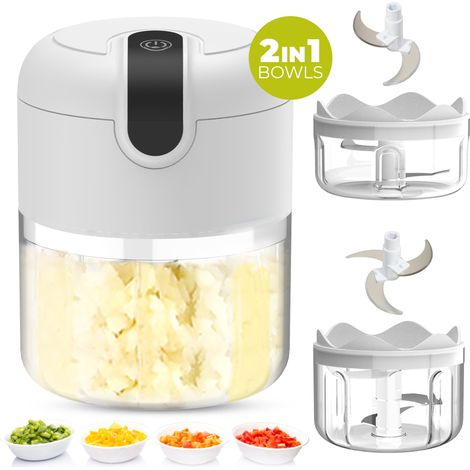 Mini hachoir à ail électrique sans fil et portable, rechargeable par USB, pour gingembre, oignons et légumes (bol de 150+250 ml) (1/5)