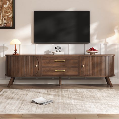 Mueble TV 160 x 36,5 x 54,5 cm - forma curva con ranuras verticales, 2 puertas correderas, 2 cajones, patas de madera maciza, estilo escandinavo - MDF - nogal (1/5)