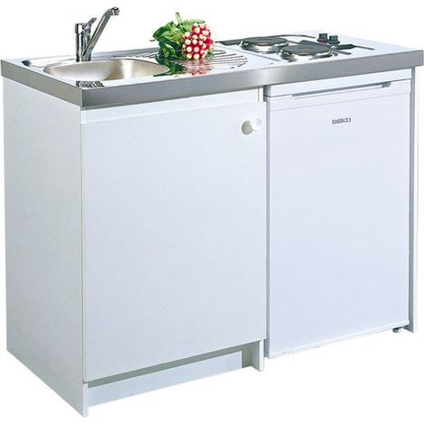Moderna – Kitchenette standard 1200 x 600 mm – Évier, 2 plaques électriques 3000W – Meuble mélaminé blanc – Réfrigérateur 91L